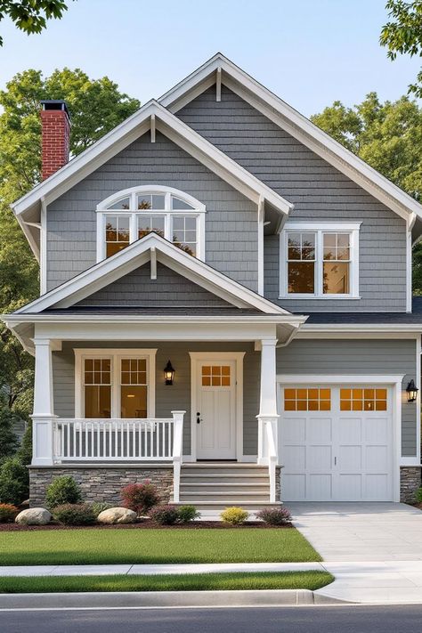 Renovated gray house with front porch and garage